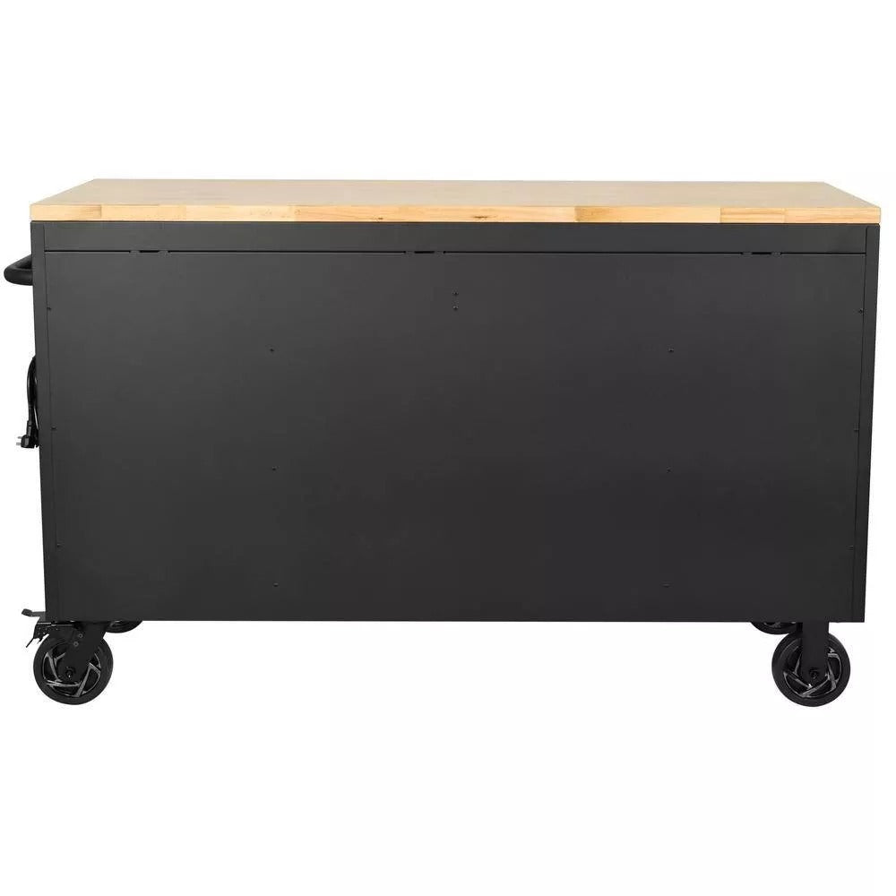61 Inch 15 Drawer Mobile Workbench - Heavy Duty Steel Tool Cabinet with Wood Top and Power Strip