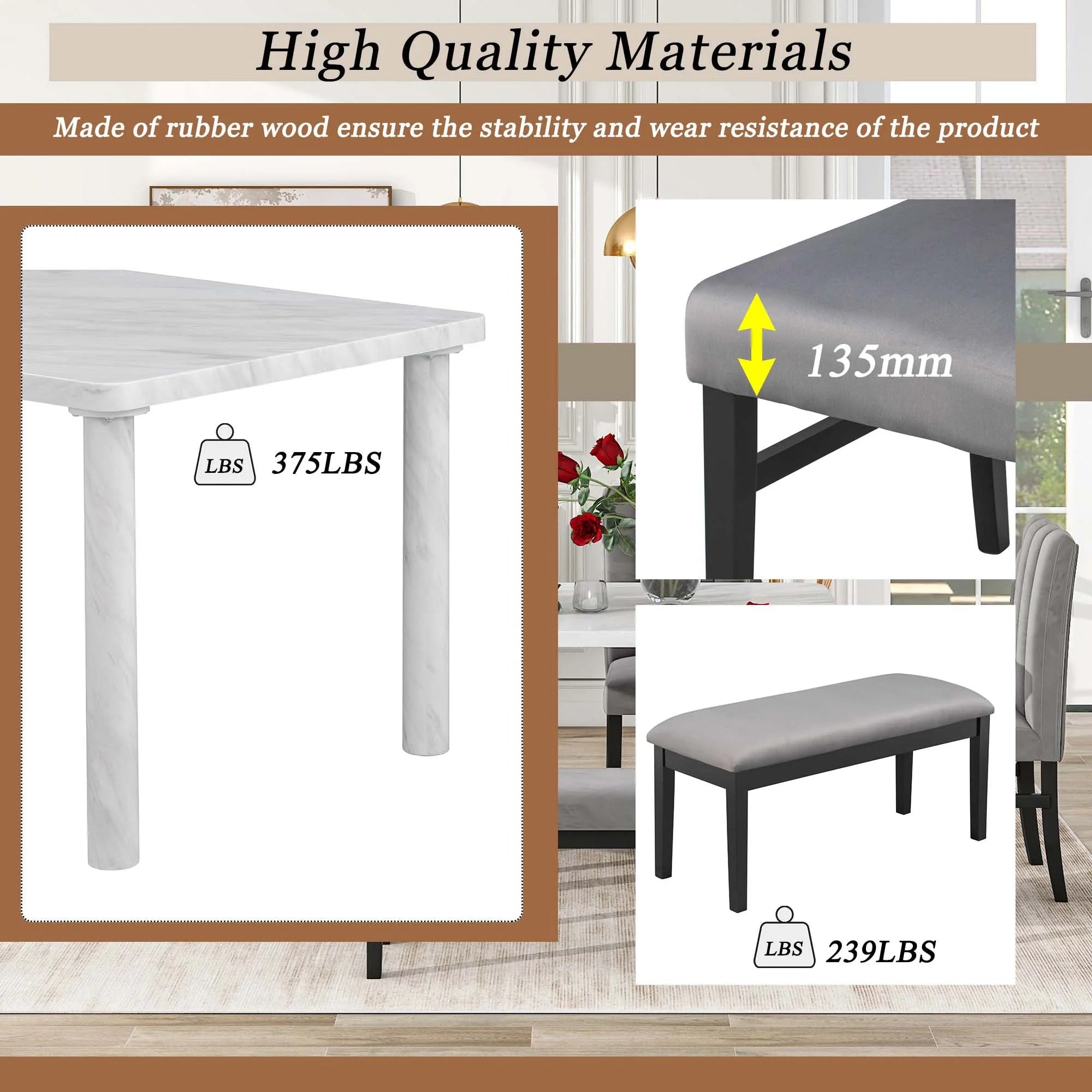 Set of 6 Marble Sticker Dining Table and 4 Velvet Upholstered Dining Chairs and Bench (White+Grey) Dimensions Table: 60"L x 36"W x 30"H Chair: 19.3"L x 20.5"W x 37.8"H