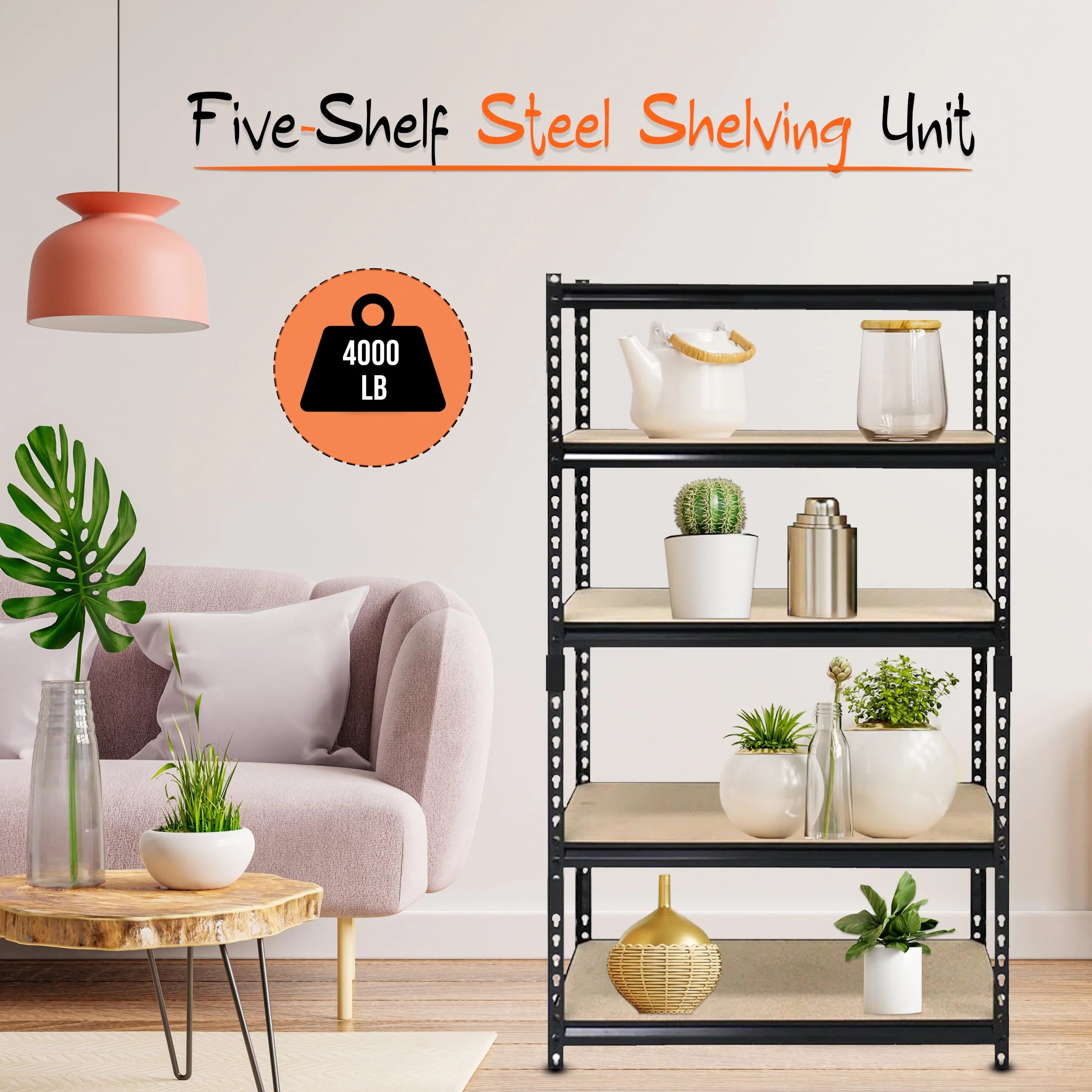 Juggernaut Storage 36"W x 18"D x 72"H 5-Shelf Steel Shelving, Black