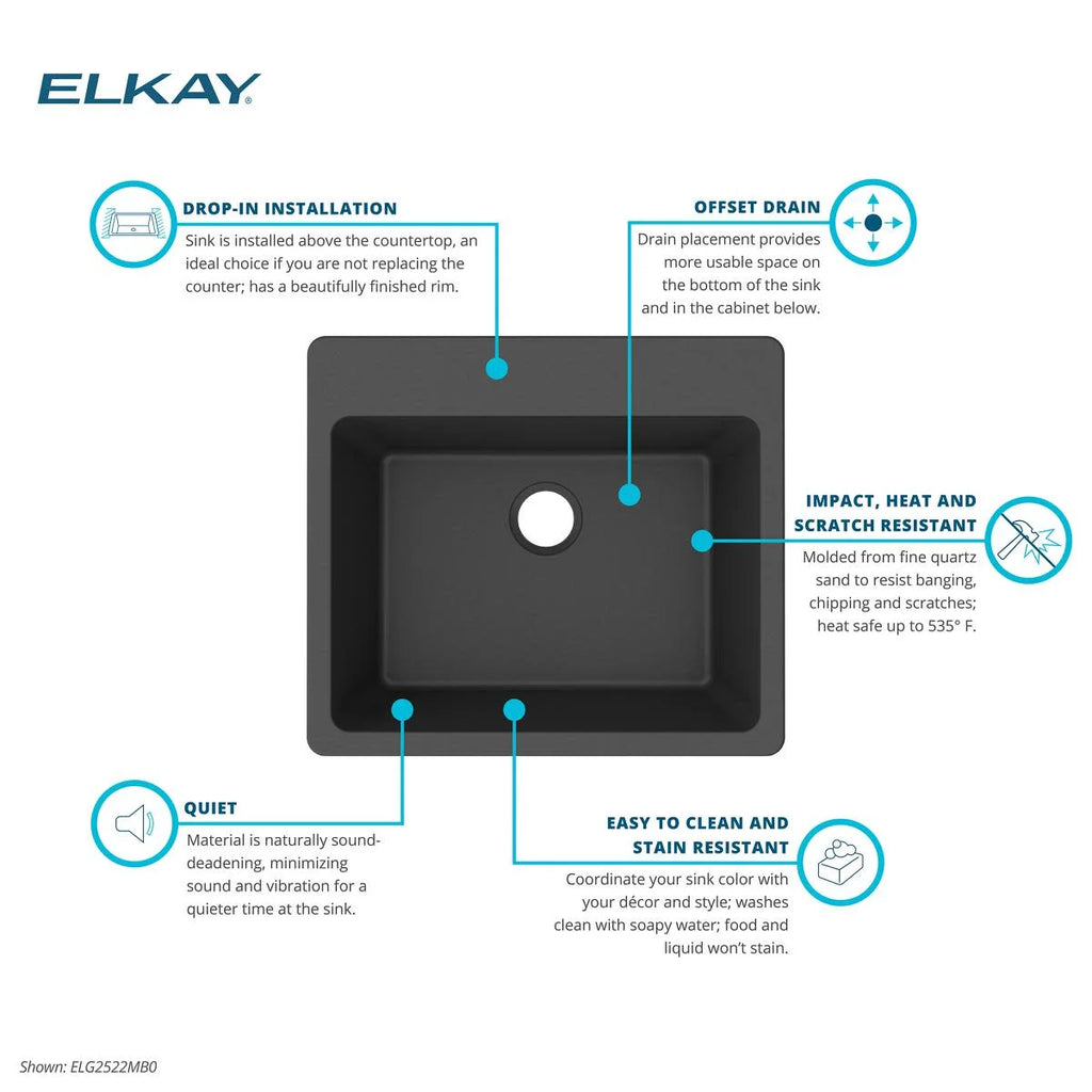 Elkay Quartz Classic 25" x 22" x 9-1/2", Single Bowl Drop-in Sink, Greystone