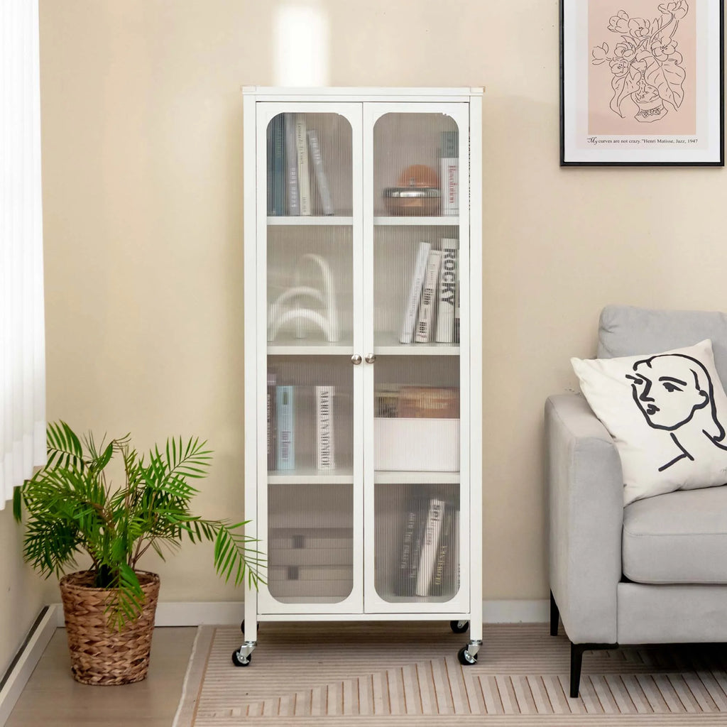 Costway Storage Cabinet with Wheels & 2 Translucent Doors Adjustable Shelves Sideboard 24" x 14.5" x 58"