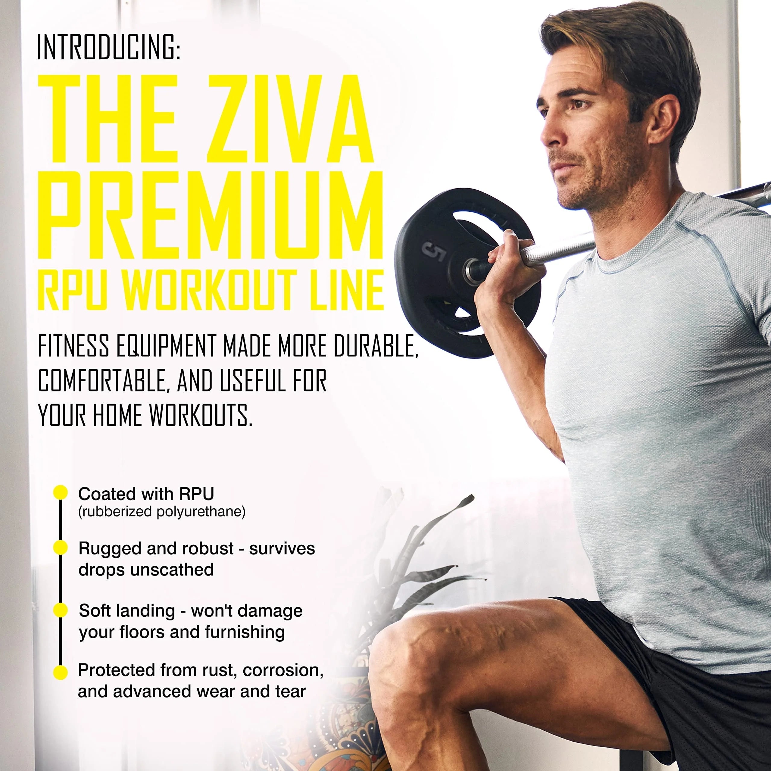 ZIVA RPU Studio Barbell Adjustable Weight Set - 6 High Grade RPU Coated Grip Plates (2 x 2.5lb, 2 x 5lb, 2 x 10lb) 1.18" D Steel Chrome Bar (55��L x 4.4lb) 2 x Spring Collars 锟�?Ships in Two Parts