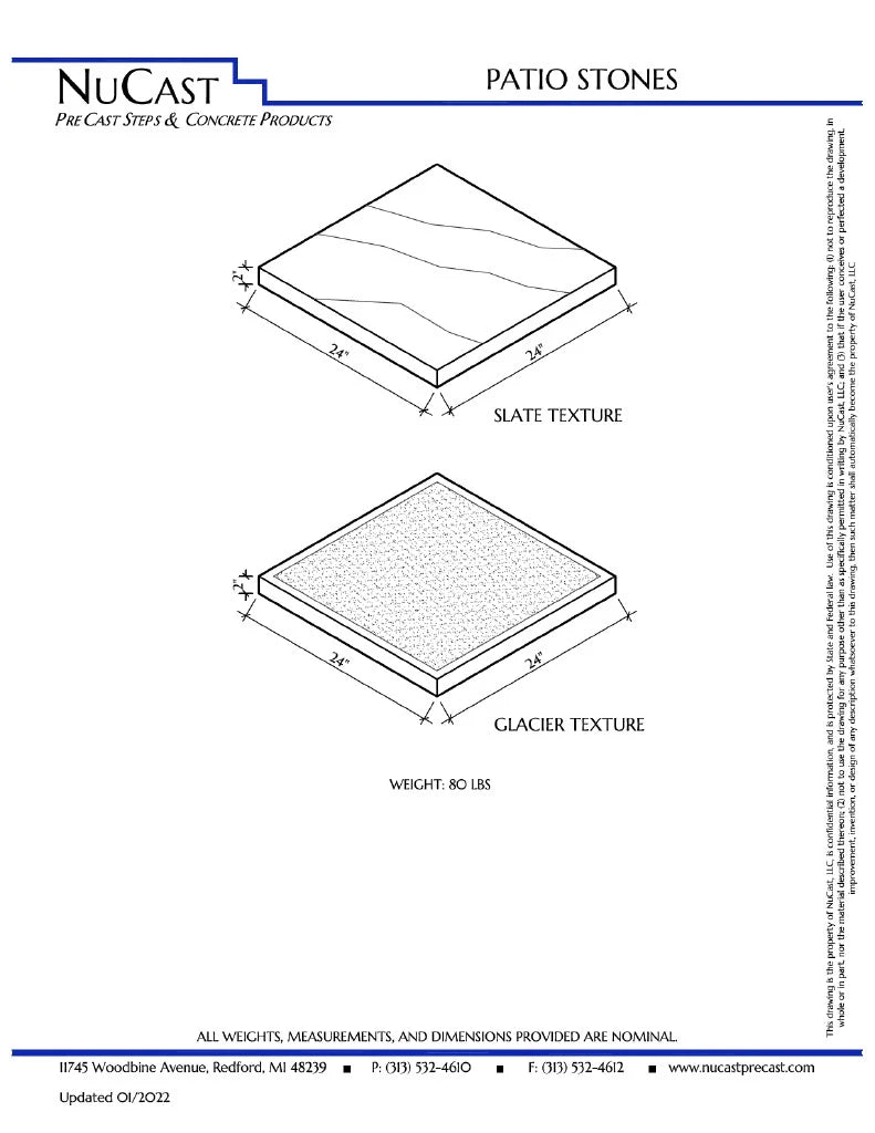 NuCast Precast Concrete Patio Stone - Slate (soft-wave) Texture - 2" x 24" x 24" - QTY OF 1