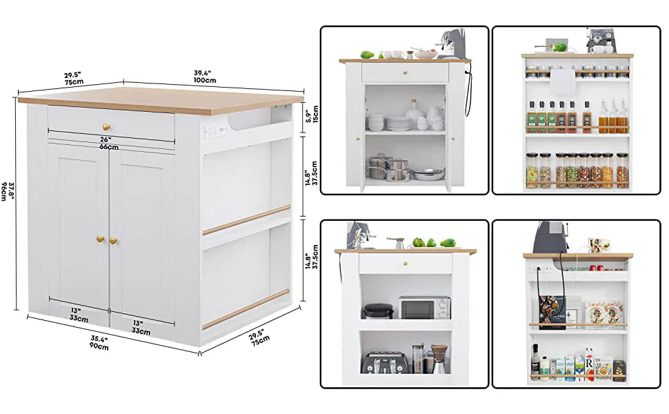 IRONCK Kitchen Island with Large Storage Space and Charging Station, 29.5"D x 39"W x 38"H, White