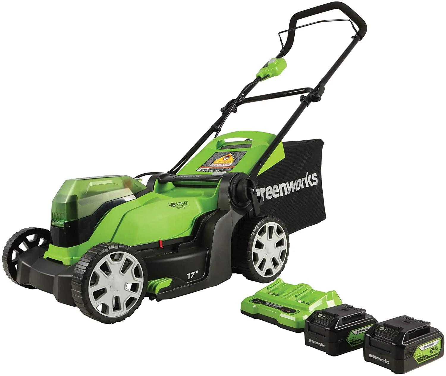 Greenworks 48V (2 x 24V) 17" Lawn Mower, With 2 x 24V 4Ah Batteries and Dual Port Charger