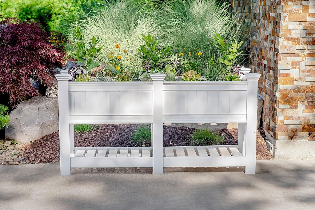 White Vinyl Raised Garden Bed Planter Box - Paintable Outdoor Herb & Flower Planter with Storage Shelf