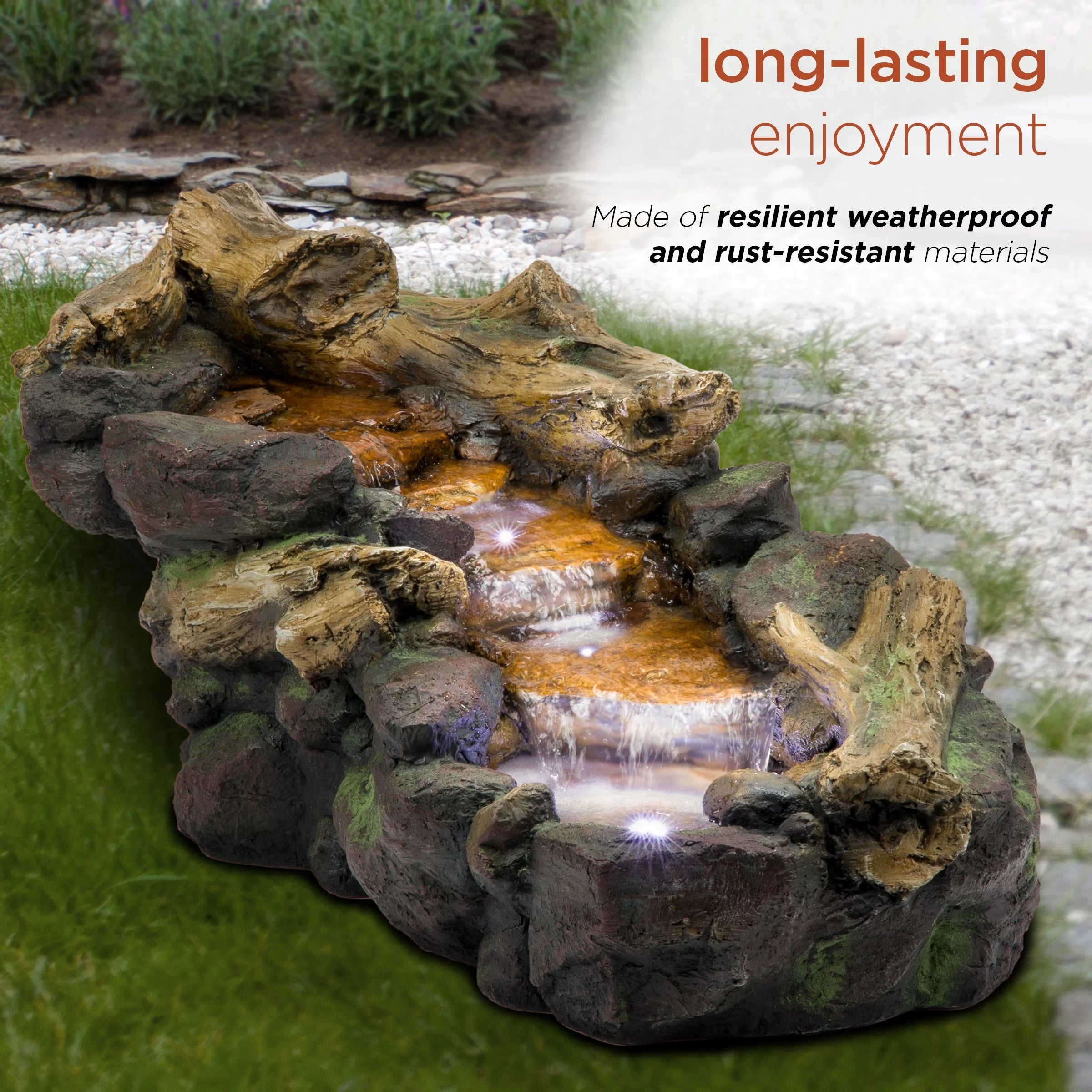 Alpine Corporation 59" x 16" x 20" Polystone Light-Up Cascading Floor Pump Fountain, Brown