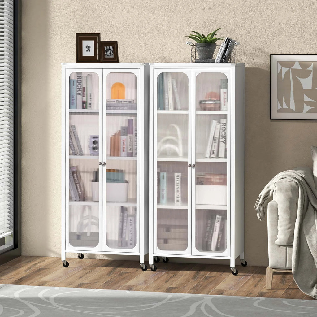 Costway Storage Cabinet with Wheels & 2 Translucent Doors Adjustable Shelves Sideboard 24" x 14.5" x 58"