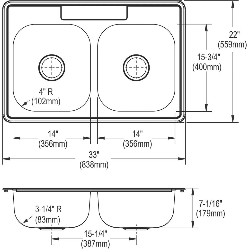 Elkay DD233224 22 Gauge Stainless Steel Double Bowl Top Mount Kitchen Sink, 33 x 22 x 7.0625