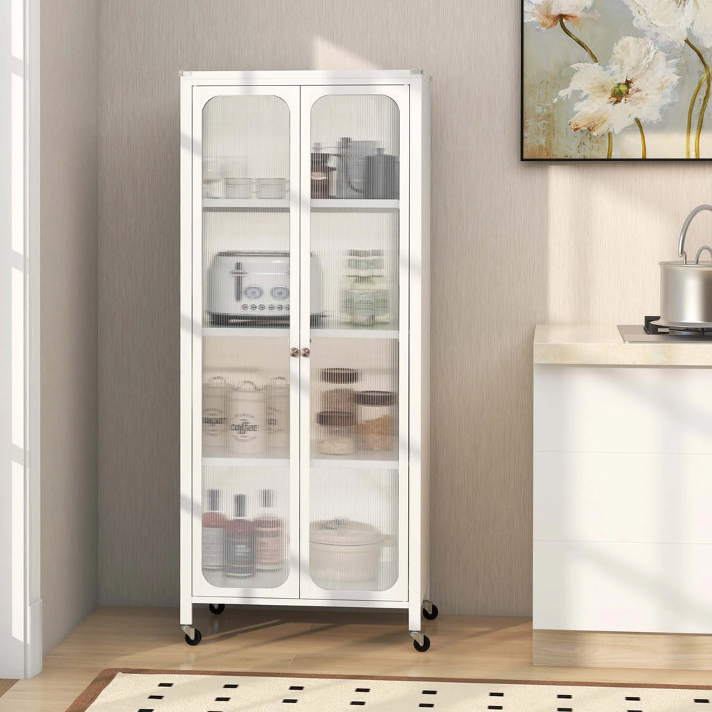 Costway Storage Cabinet with Wheels & 2 Translucent Doors Adjustable Shelves Sideboard 24" x 14.5" x 58"