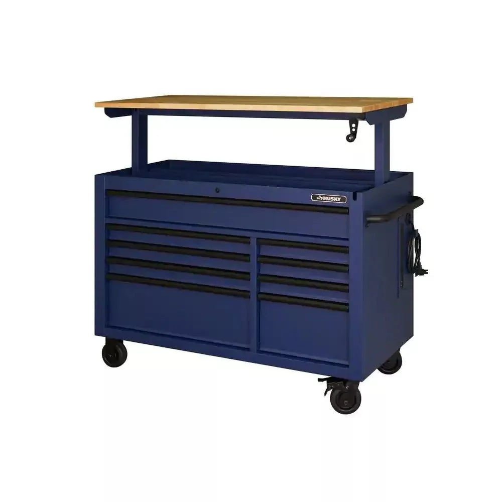 52-Inch 9-Drawer Mobile Workbench with Adjustable Height Wood Top, Heavy Duty Rolling Tool Cabinet