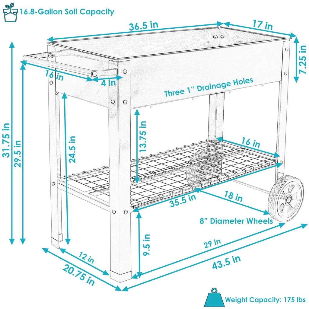 Sunnydaze 43.5" x 20.75" x 31.75" Blue Galvanized Steel Raised Garden Bed Cart with Wheels