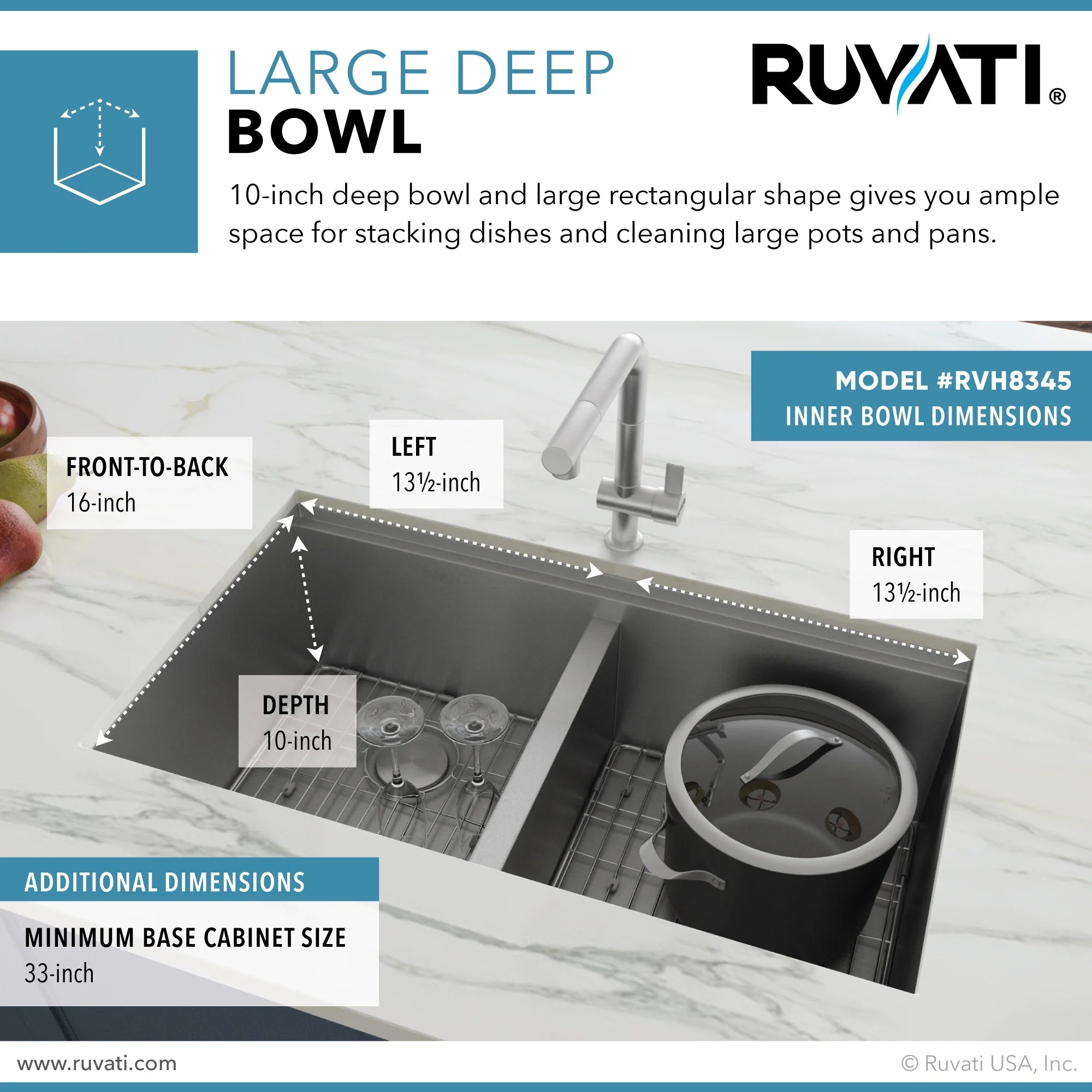 Ruvati RVH8345 Stainless Steel 33" x 10" x 19" Rectangular Undermount Sink