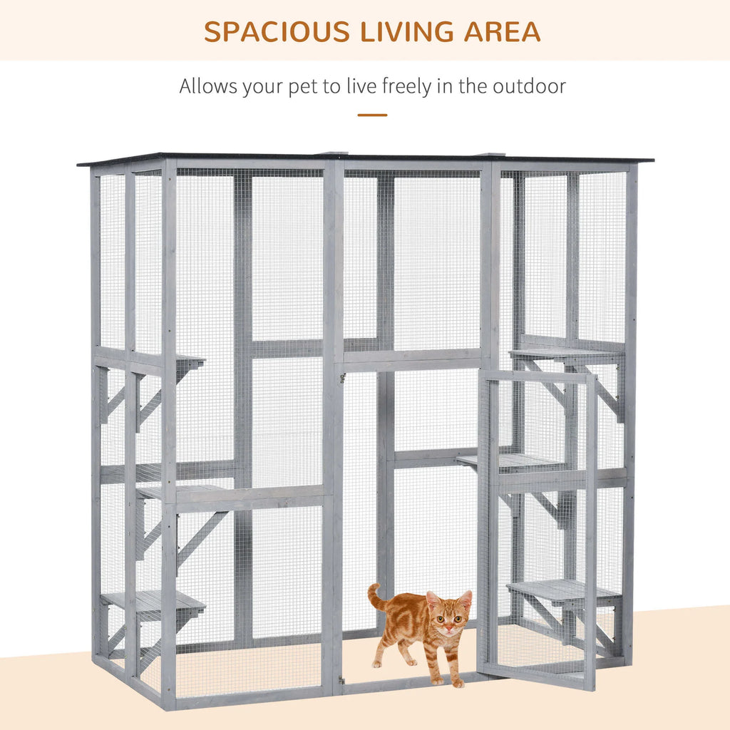 PawHut Wooden Catio Enclosure with Weather Protection, 6 Platforms, Outdoor, Large, 71" x 38.5" x 71"