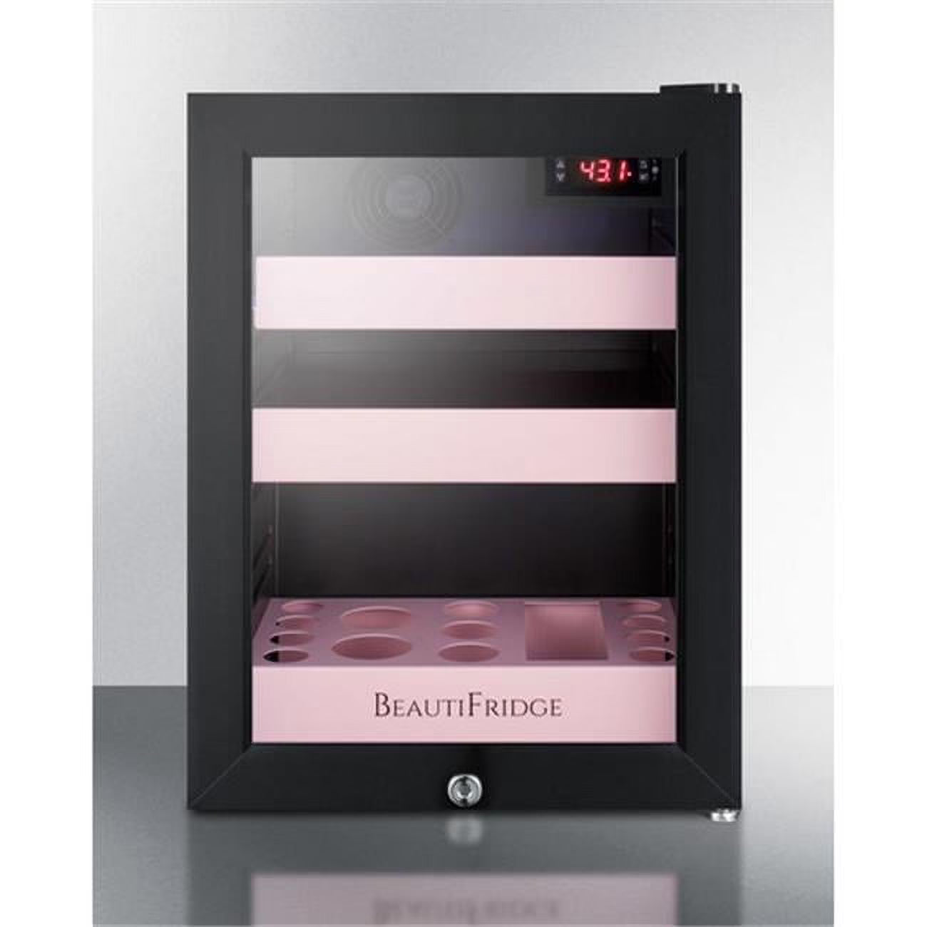 Summit Appliance 19.25 x 13.75 x 17.25 in. Beautifridge Cosmetics Refrigerator with Pink Shelving & Glass Door, Black