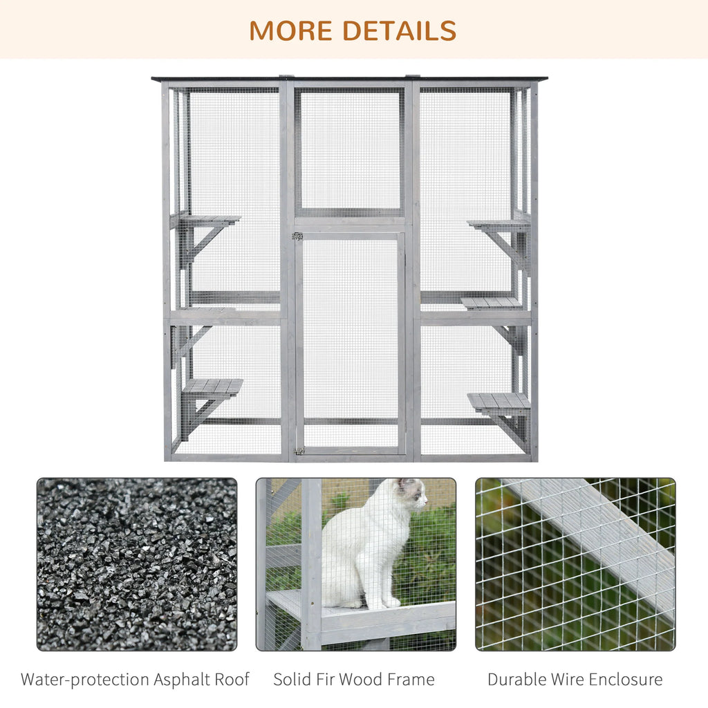 PawHut Wooden Catio Enclosure with Weather Protection, 6 Platforms, Outdoor, Large, 71" x 38.5" x 71"