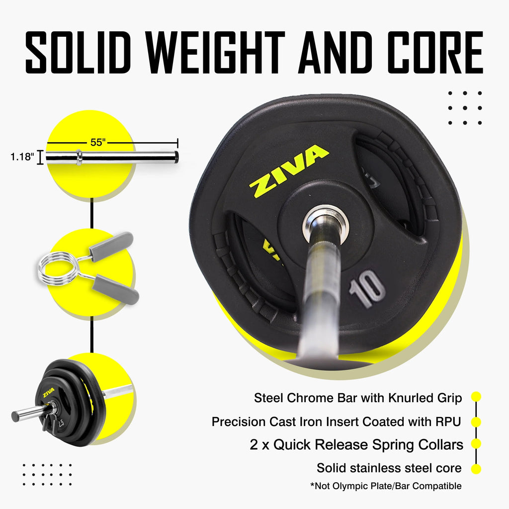 ZIVA RPU Studio Barbell Adjustable Weight Set - 6 High Grade RPU Coated Grip Plates (2 x 2.5lb, 2 x 5lb, 2 x 10lb) 1.18" D Steel Chrome Bar (55��L x 4.4lb) 2 x Spring Collars 锟�?Ships in Two Parts