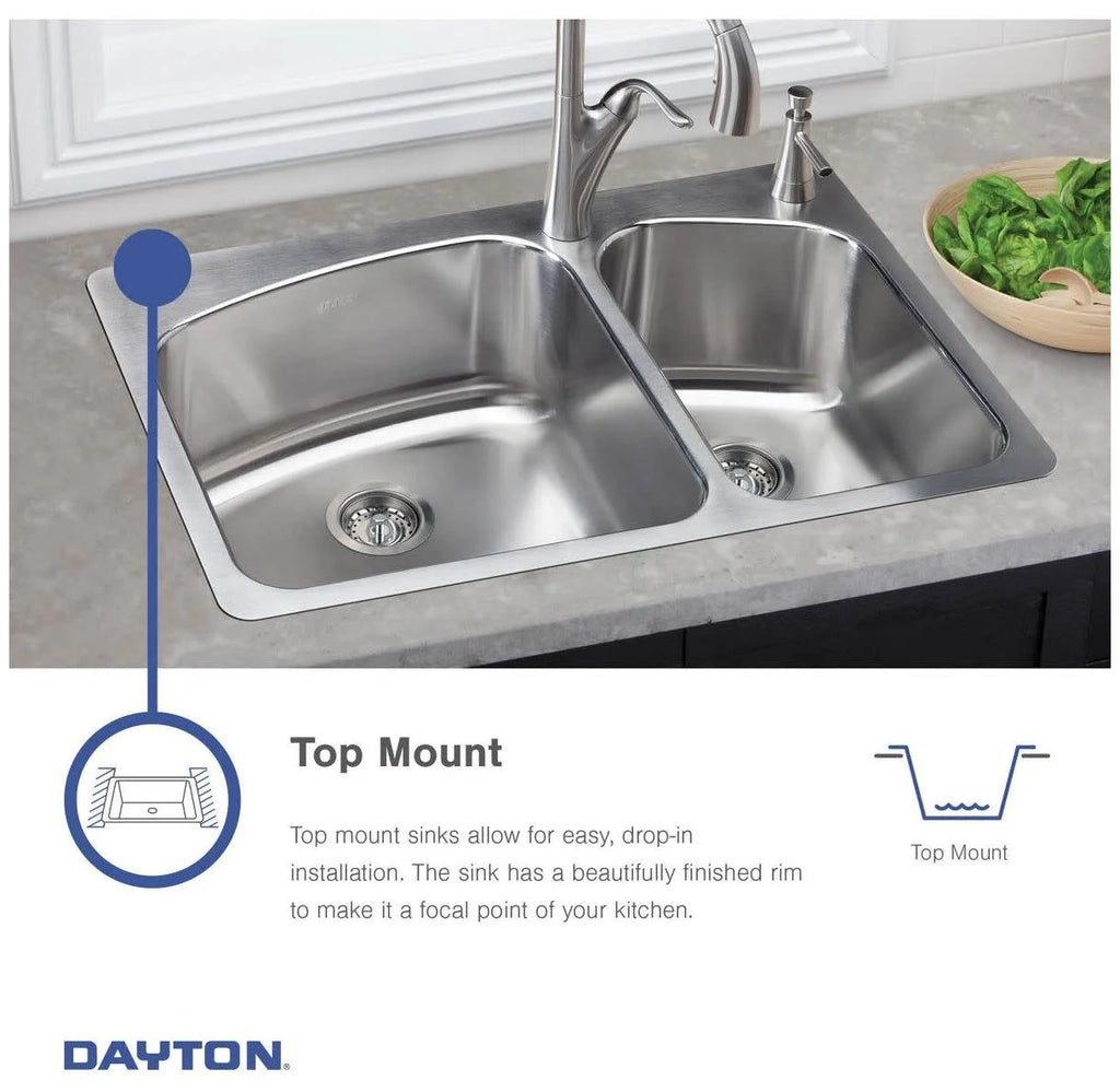 Elkay DD233224 22 Gauge Stainless Steel Double Bowl Top Mount Kitchen Sink, 33 x 22 x 7.0625
