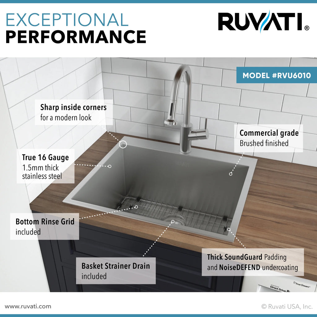 Ruvati RVU6010 25 x 22 x 12 in. Topmount Laundry Utility Sink Deep 16 Gauge Stainless Steel