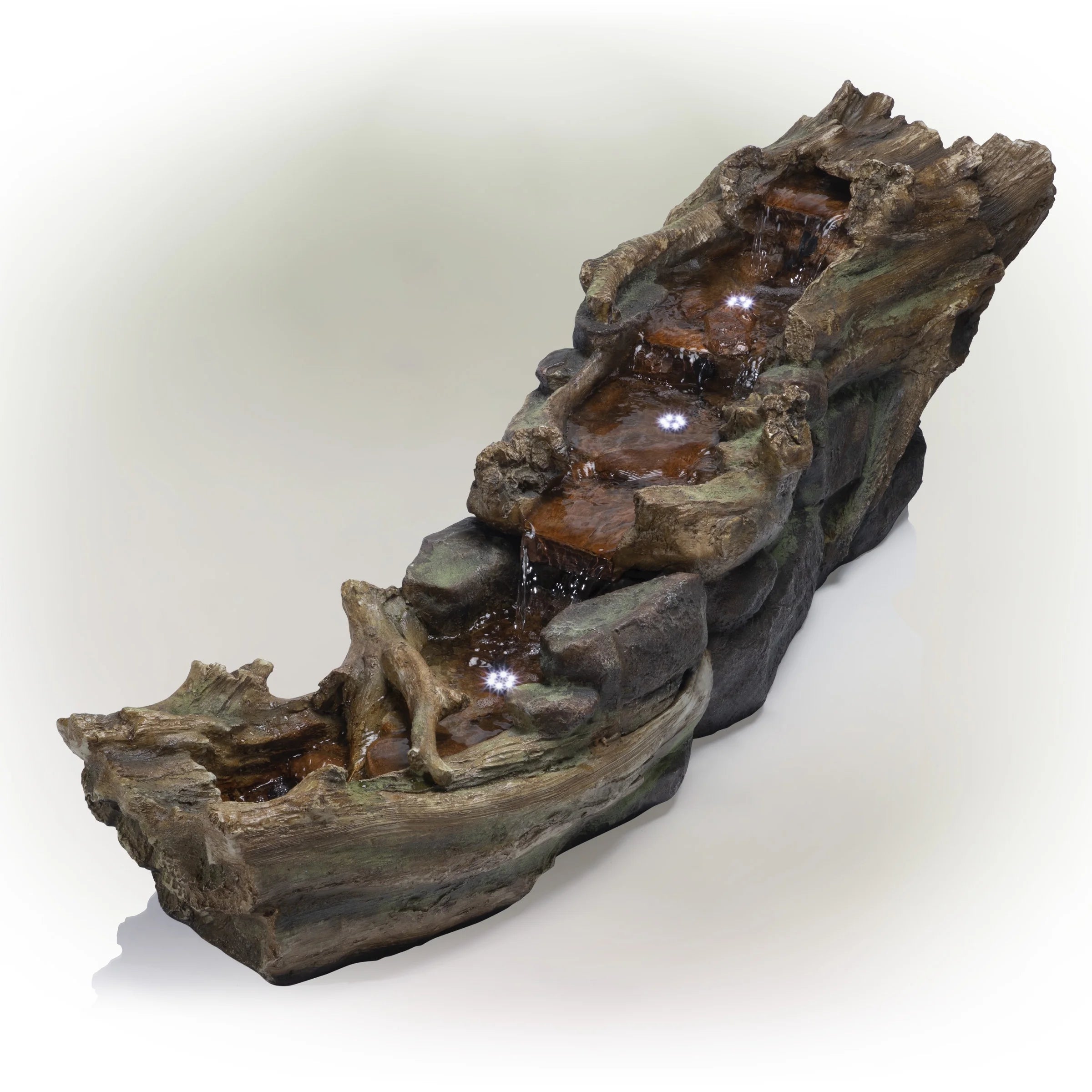 Alpine Corporation 59" x 16" x 20" Polystone Light-Up Cascading Floor Pump Fountain, Brown
