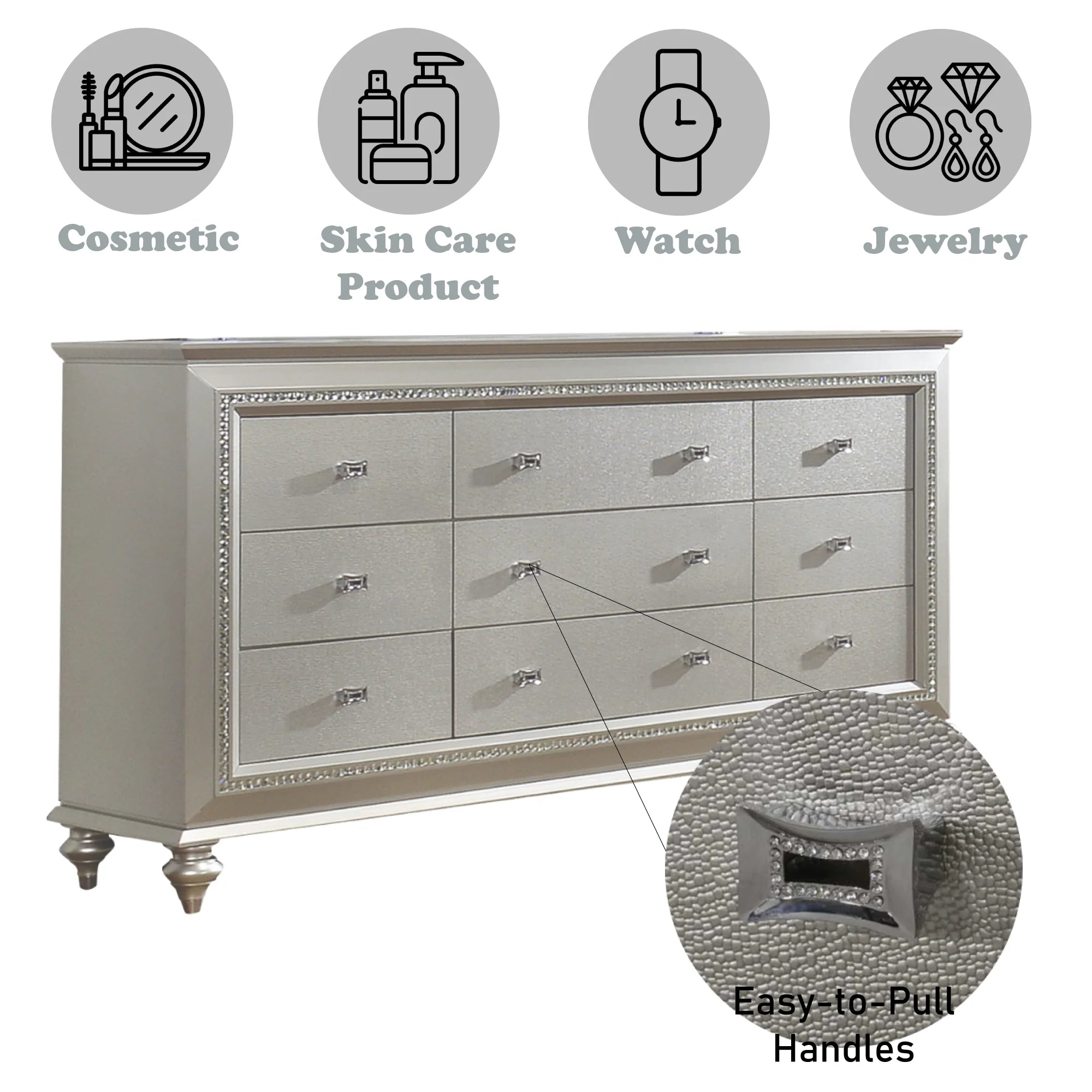 Acme Kaitlyn Dresser with 9 Storage Drawers in Champagne 66"L x 18"W x 39"H