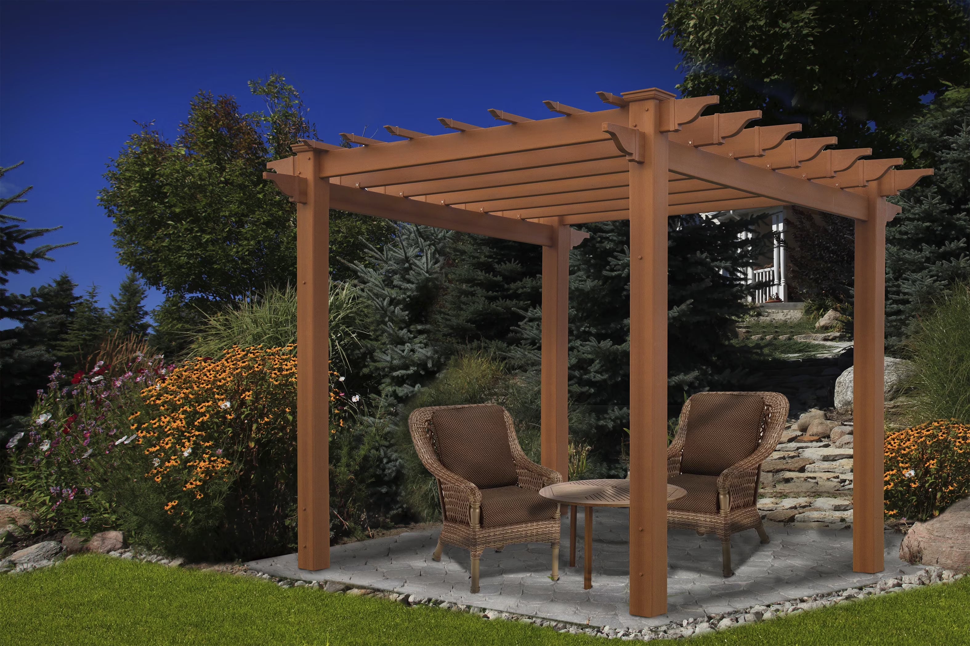 Vita 88"L x 88"W x 95"H Embossed Vinyl Lakewood Pergola, Brown, VA84044