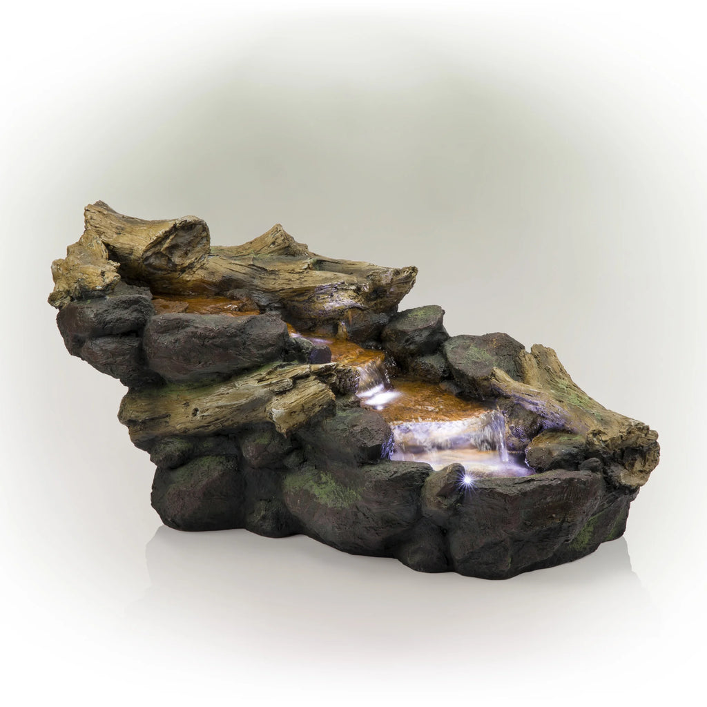 Alpine Corporation 59" x 16" x 20" Polystone Light-Up Cascading Floor Pump Fountain, Brown