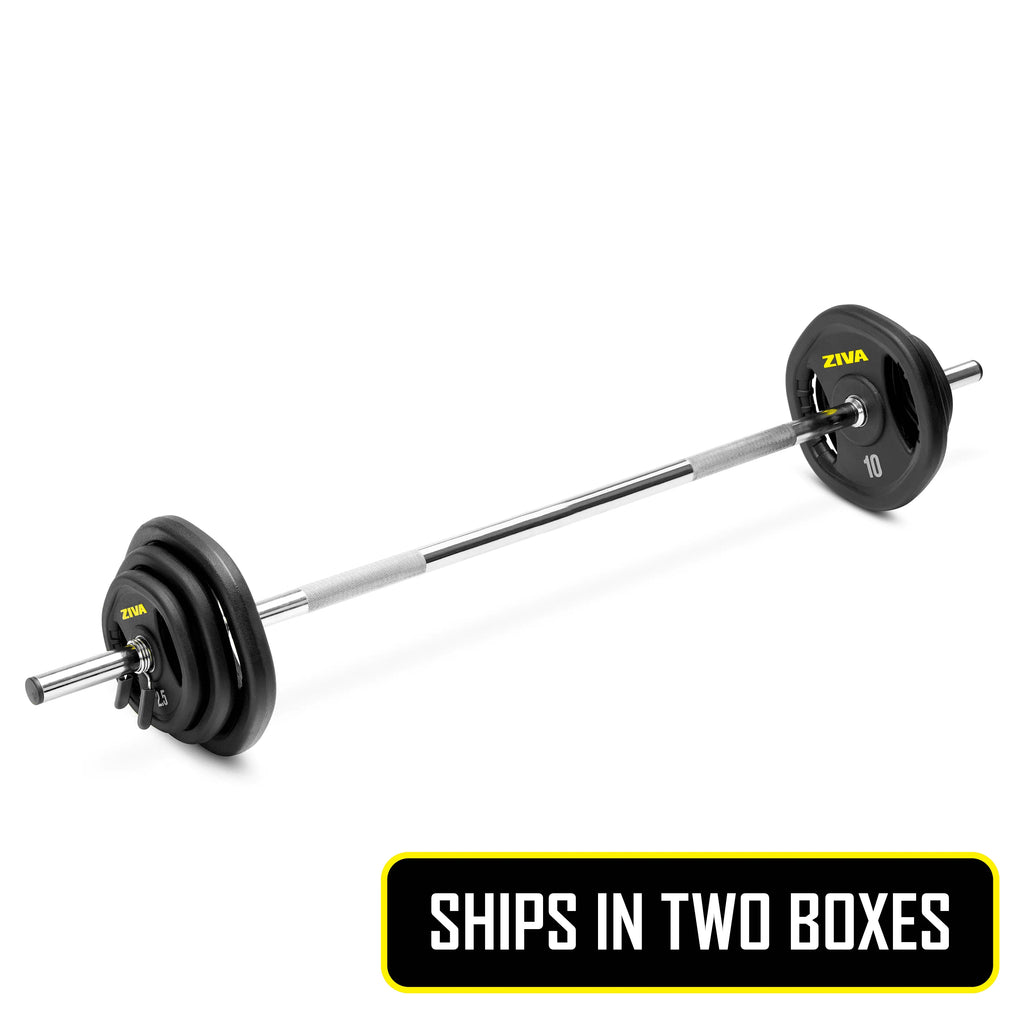ZIVA RPU Studio Barbell Adjustable Weight Set - 6 High Grade RPU Coated Grip Plates (2 x 2.5lb, 2 x 5lb, 2 x 10lb) 1.18" D Steel Chrome Bar (55��L x 4.4lb) 2 x Spring Collars 锟�?Ships in Two Parts
