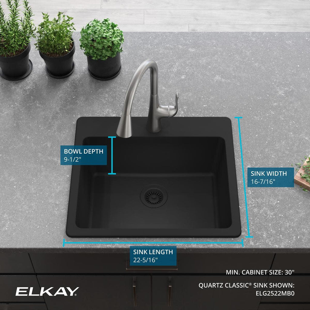 Elkay Quartz Classic 25" x 22" x 9-1/2", Single Bowl Drop-in Sink, Greystone
