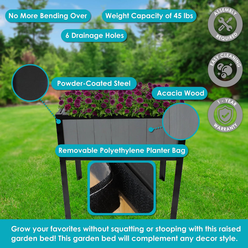 Sunnydaze 29.25" x 20" x 30.75" Gray Acacia Wood Rectangular Raised Garden Bed with Legs