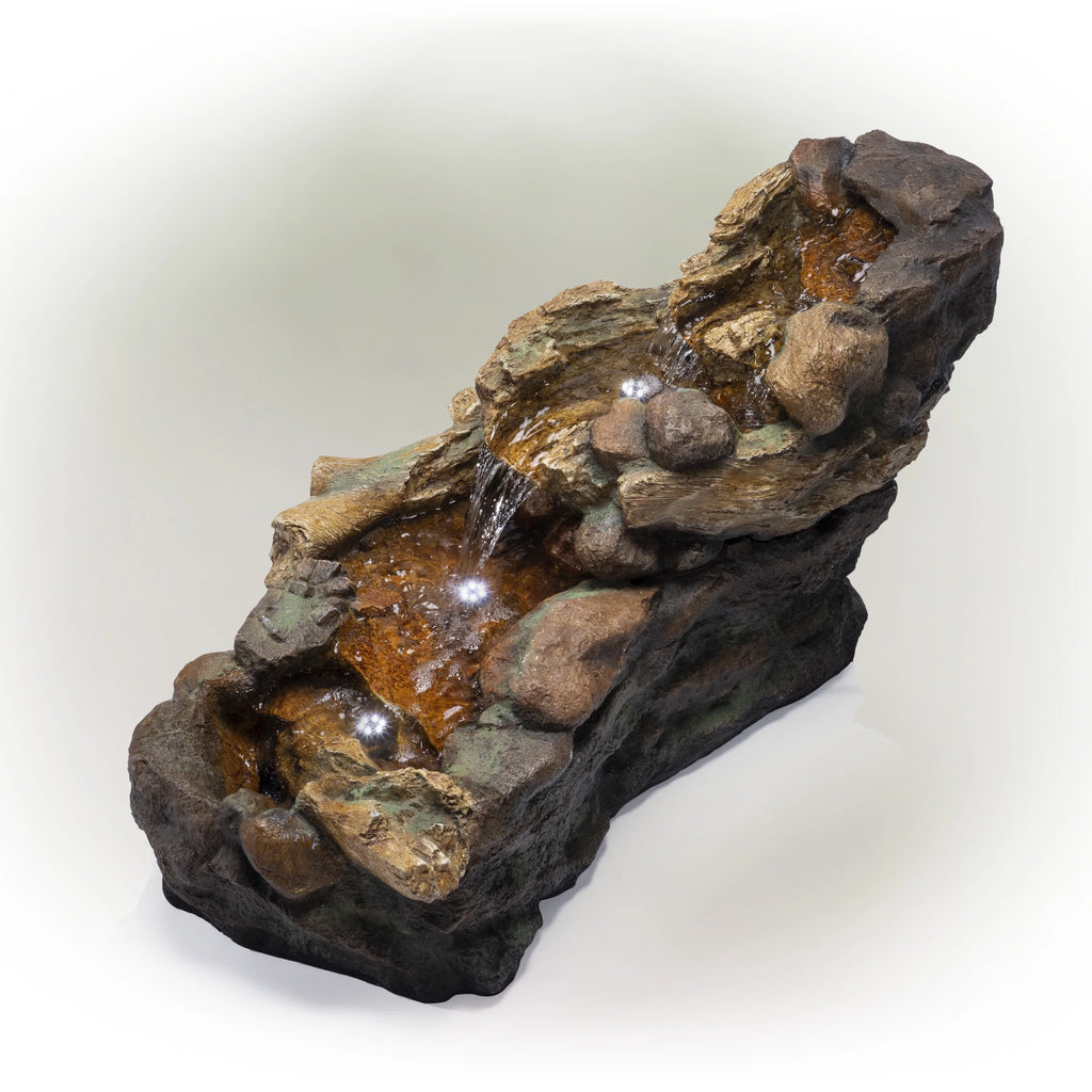 Alpine Corporation 59" x 16" x 20" Polystone Light-Up Cascading Floor Pump Fountain, Brown