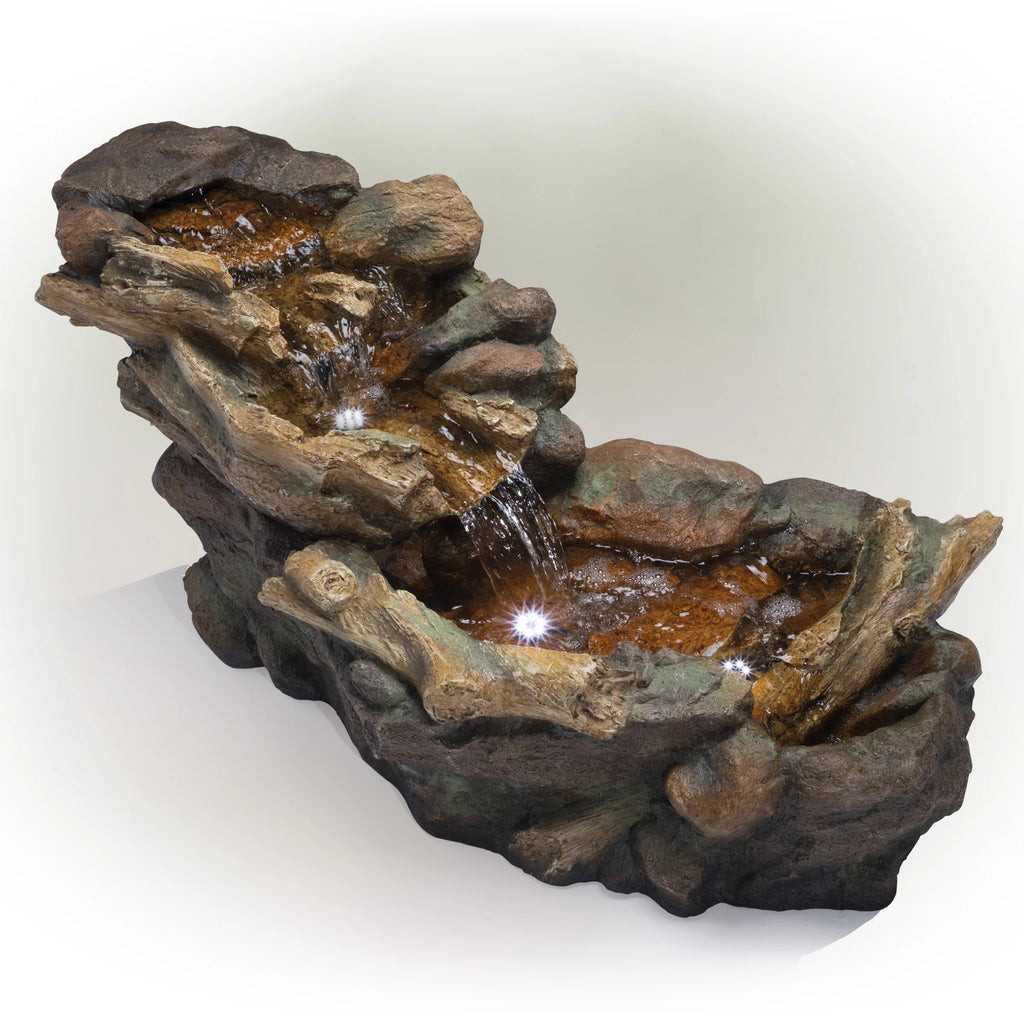 Alpine Corporation 59" x 16" x 20" Polystone Light-Up Cascading Floor Pump Fountain, Brown