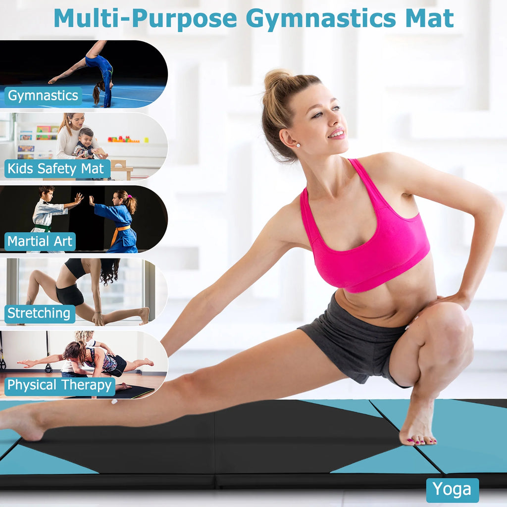 Gymax 10' x 4' x 2'' 4-Panel Folding Gymnastics Exercise Mat w/ Hook & Loop Fasteners Blue