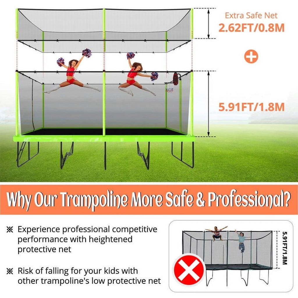 Voqoomkl Rectangle Trampoline with Basketball Hoop for Kids and Adults, Green, 204.00" x 120.00" x 141.00"