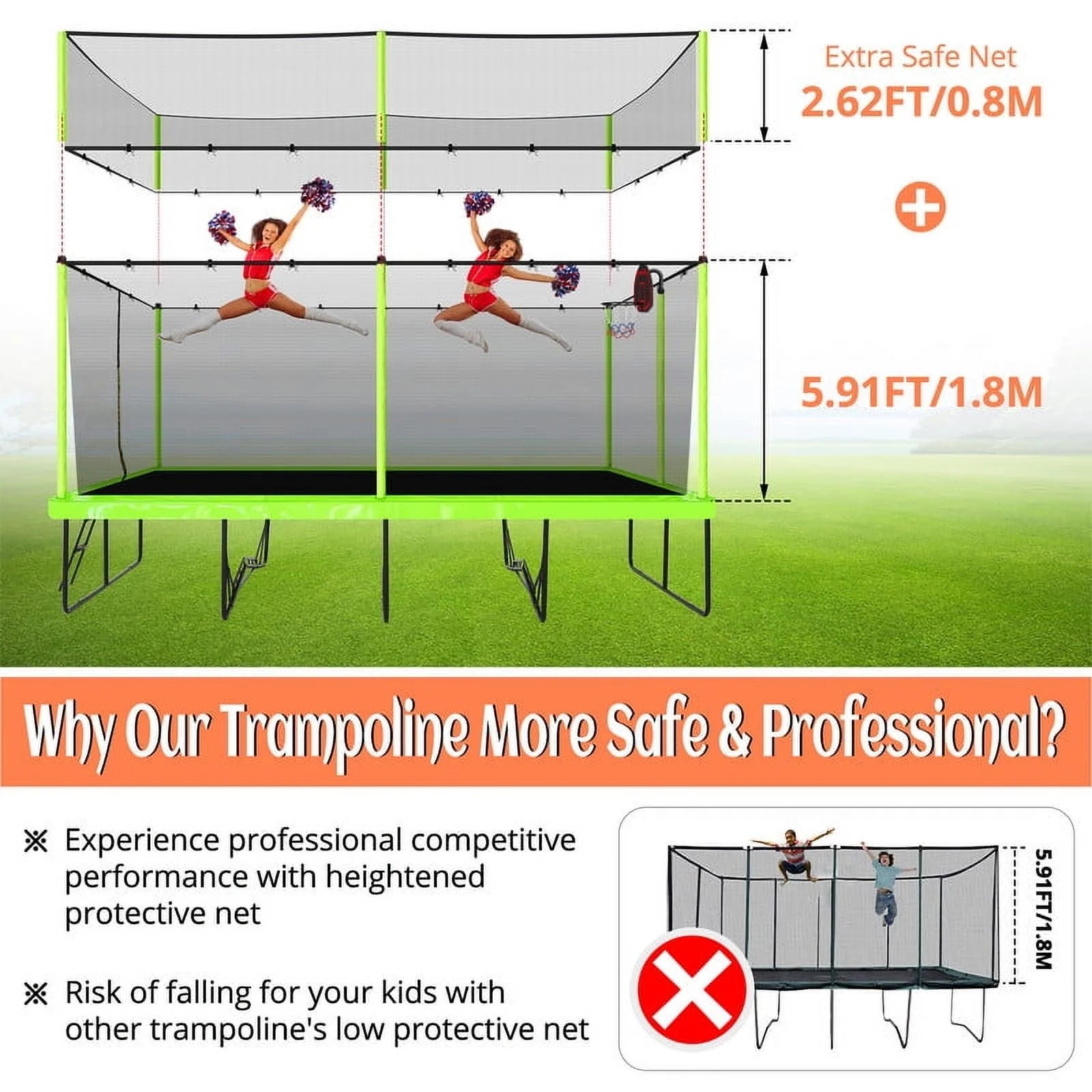 Voqoomkl Rectangle Trampoline with Basketball Hoop for Kids and Adults, Green, 204.00" x 120.00" x 141.00"