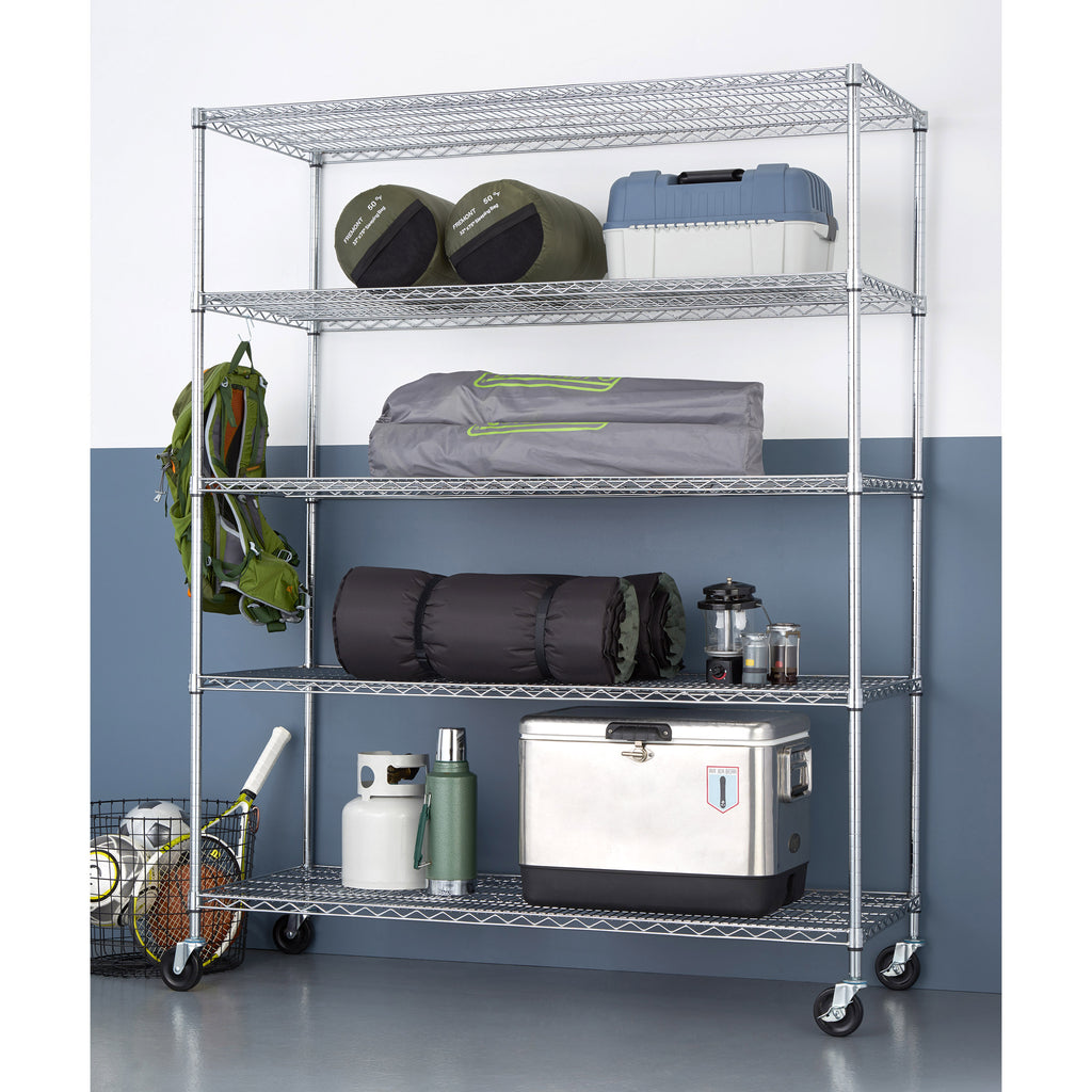 TRINITY 5-Tier Heavy Duty Wire Shelving Rack, 60' x 24' x 72' NSF, Includes Wheels