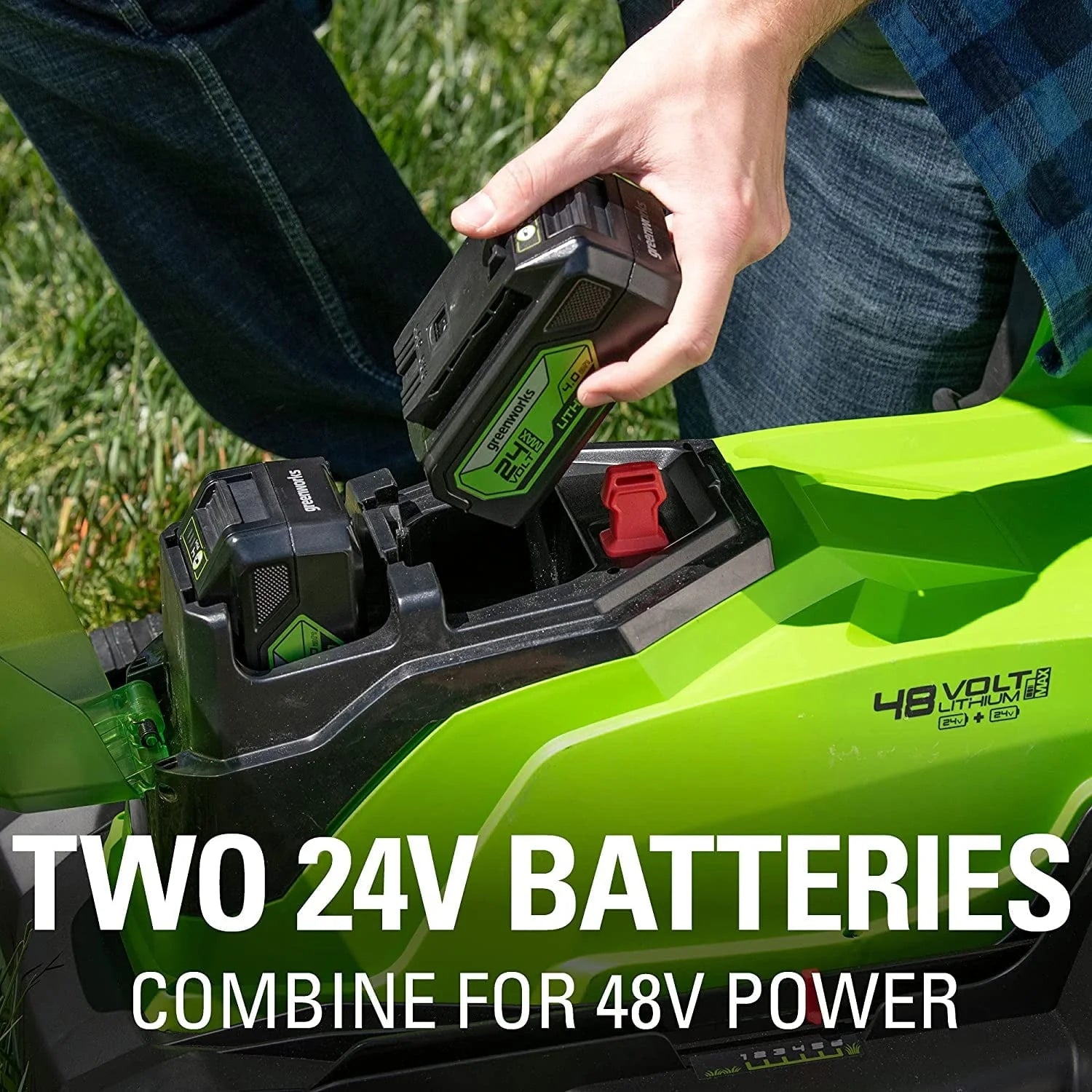 Greenworks 48V (2 x 24V) 17" Lawn Mower, With 2 x 24V 4Ah Batteries and Dual Port Charger
