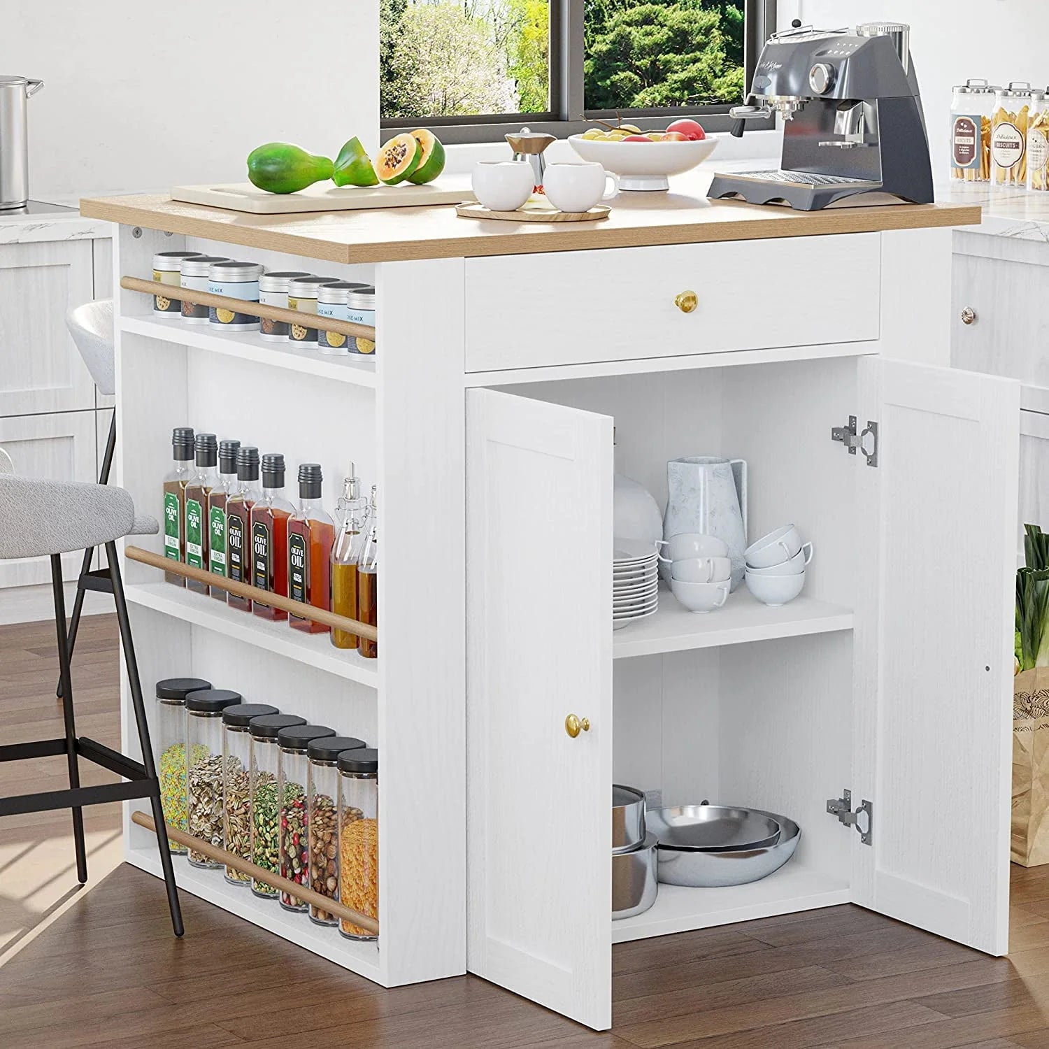 IRONCK Kitchen Island with Large Storage Space and Charging Station, 29.5"D x 39"W x 38"H, White