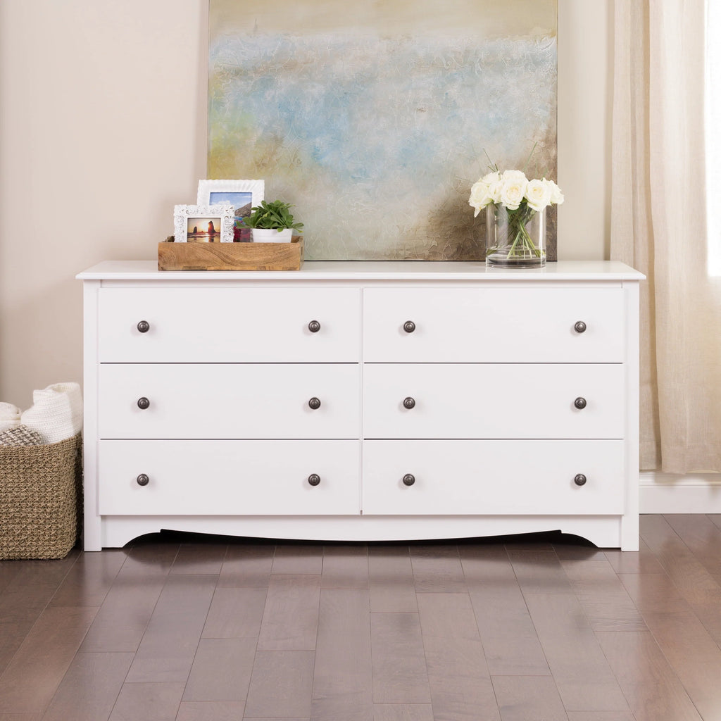 Prepac Monterey 6 Drawer Wooden Double Dresser, 16" x 59" x 29", White