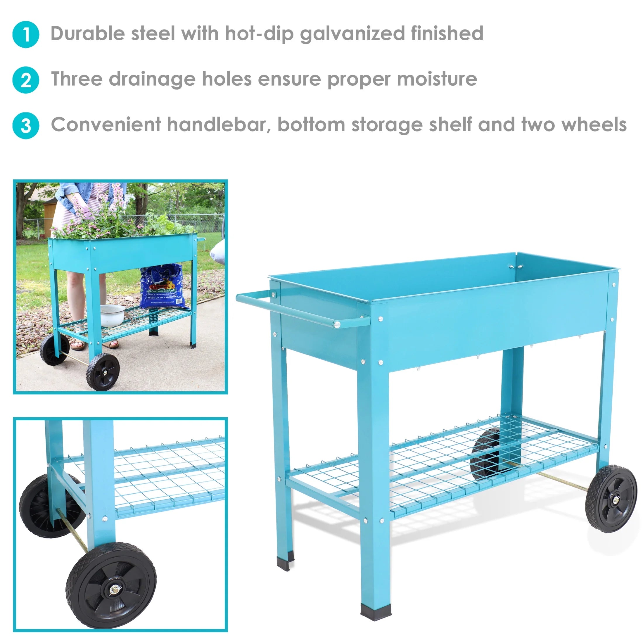 Sunnydaze 43.5" x 20.75" x 31.75" Blue Galvanized Steel Raised Garden Bed Cart with Wheels