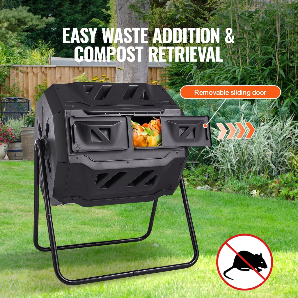 KFFKFF Compost Bin 43 Gal Dual-Chamber Composter Tumbler Rotating Sliding Door 29 x 24.6 x 37.6 in