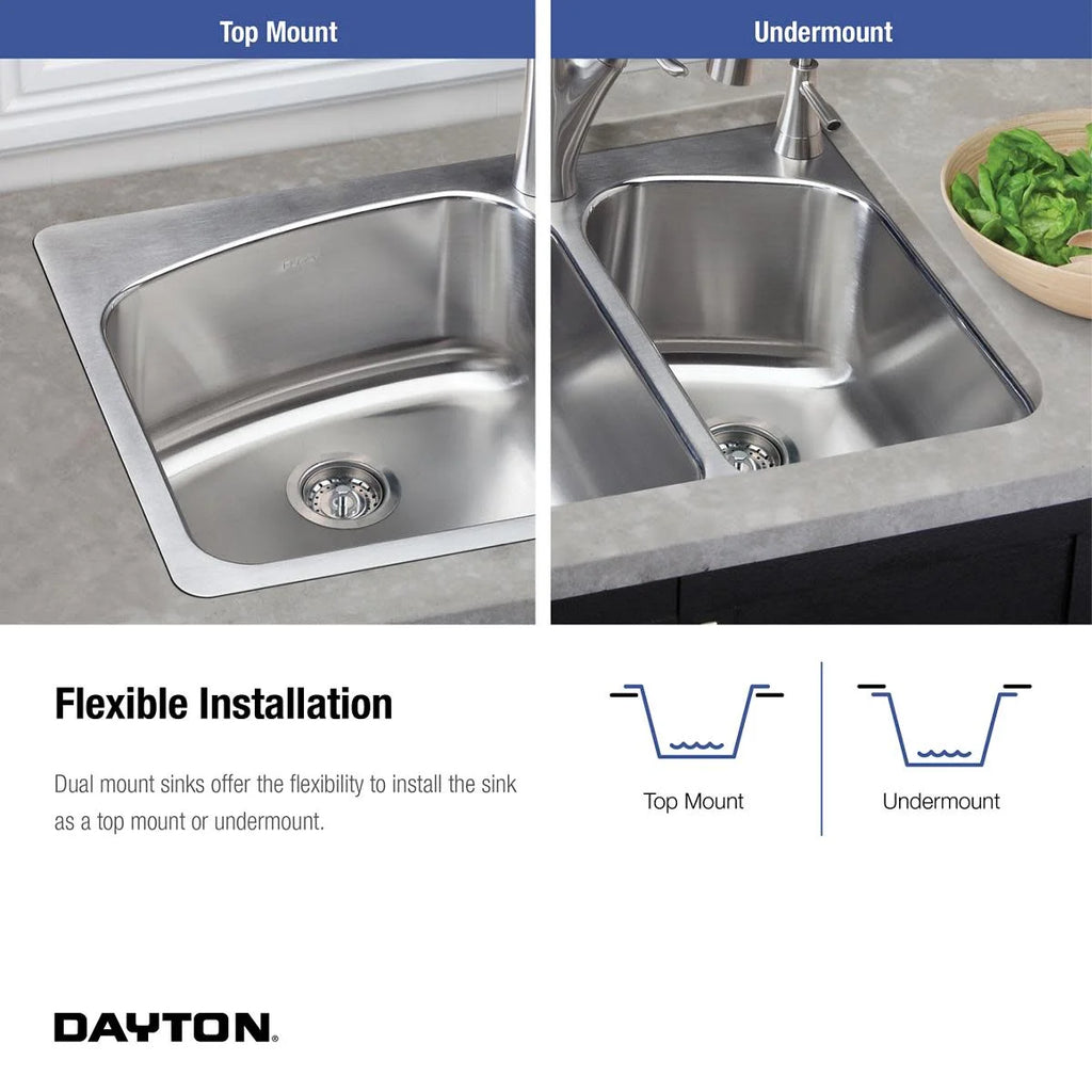 Elkay Dayton Stainless Steel 33" x 22" x 8", 60/40 Double Bowl Dual Mount Sink