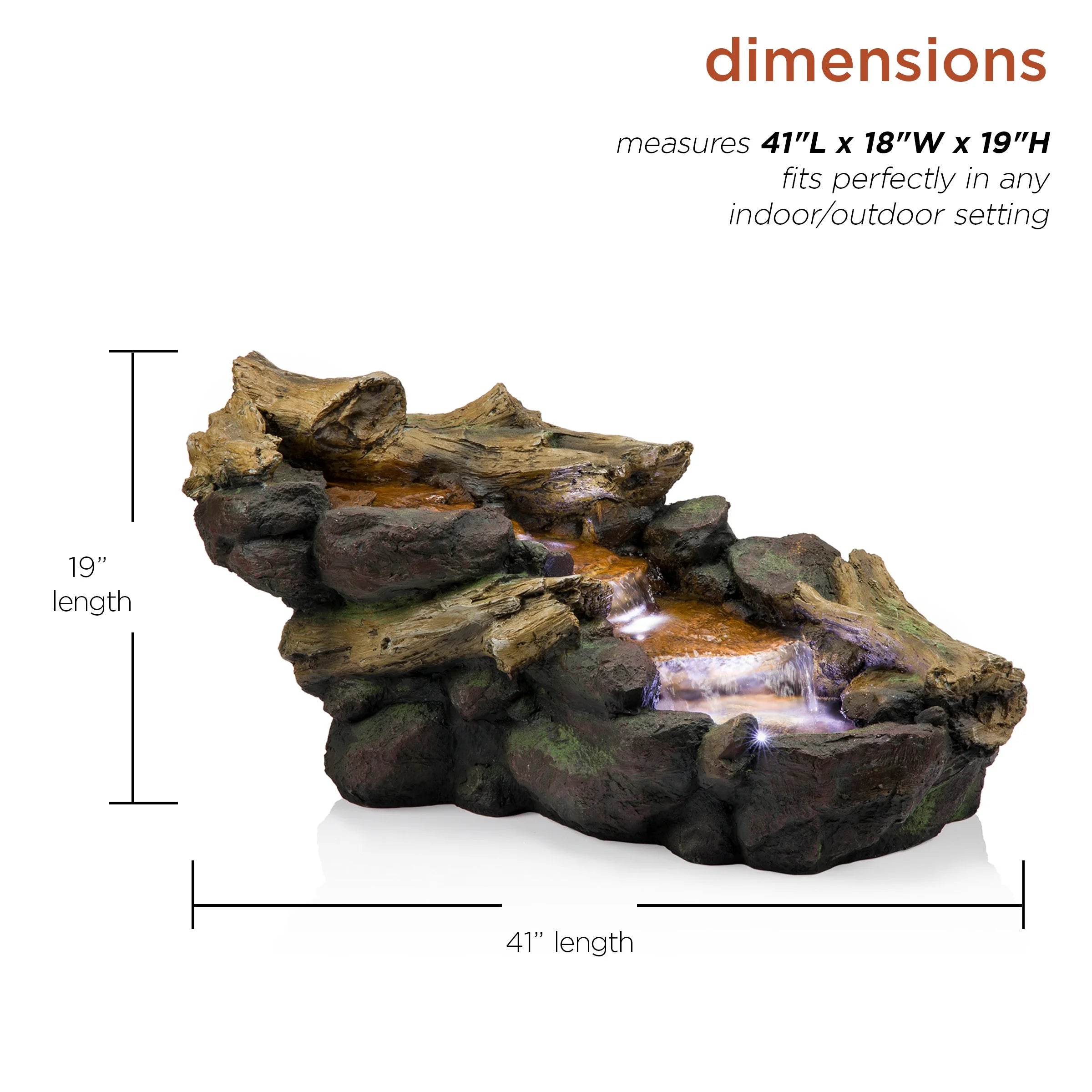 Alpine Corporation 59" x 16" x 20" Polystone Light-Up Cascading Floor Pump Fountain, Brown