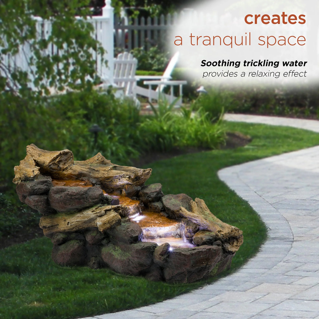 Alpine Corporation 59" x 16" x 20" Polystone Light-Up Cascading Floor Pump Fountain, Brown