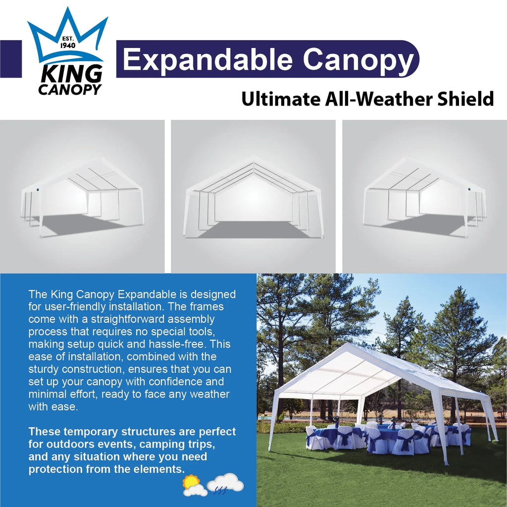 King Canopy Expandable Canopy 12' x 20' / 20' x 20', Steel Frame, 8-Leg, White