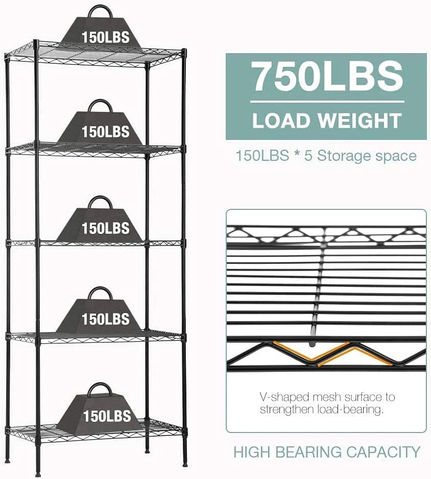 Vebreda 5-Tier Wire Shelving Unit, 21.7"L x 11.8"W x 59.1"H, Black