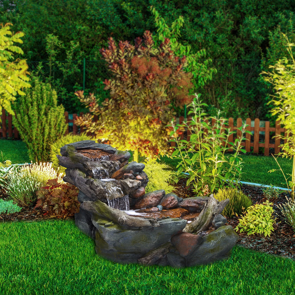 Alpine Corporation 59" x 16" x 20" Polystone Light-Up Cascading Floor Pump Fountain, Brown