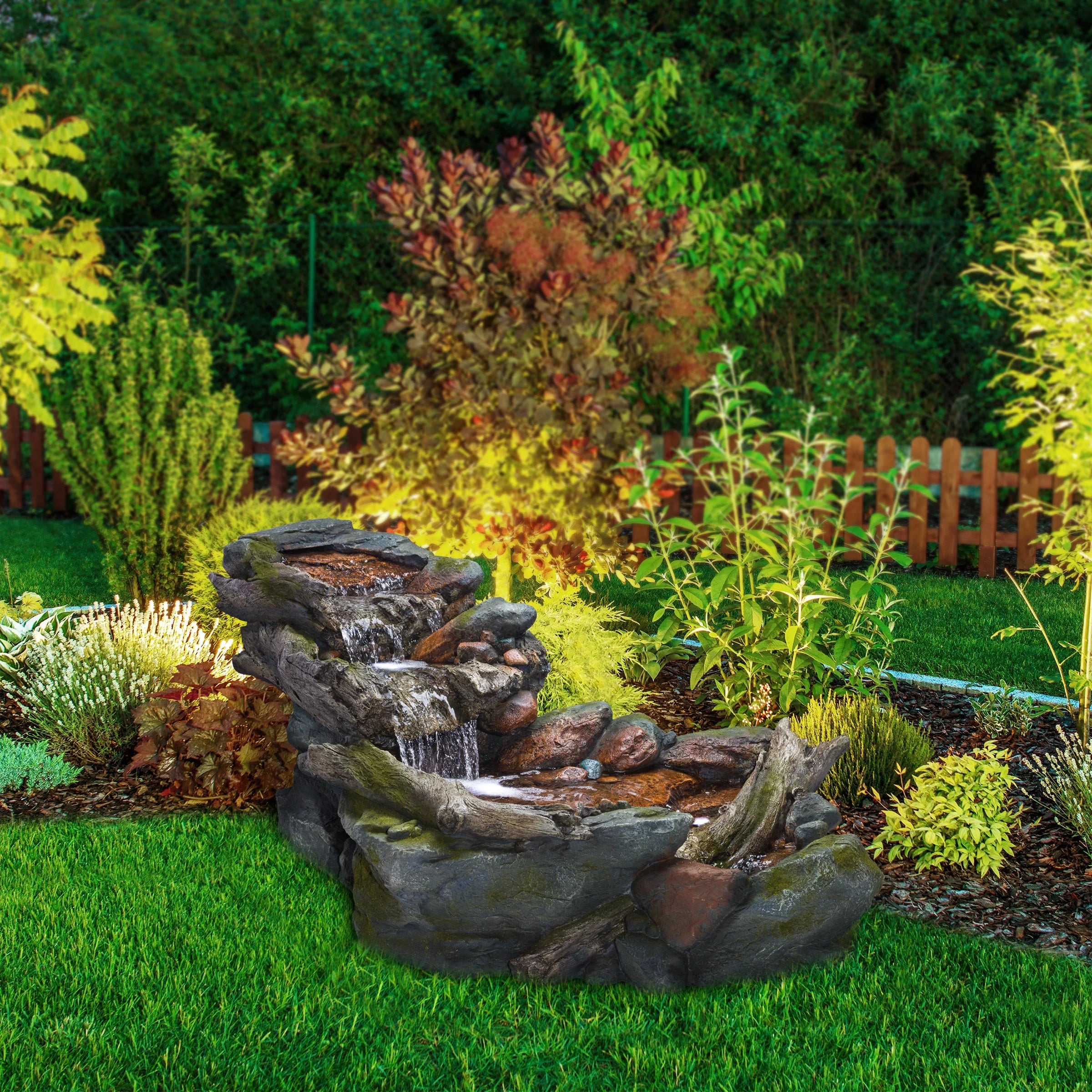Alpine Corporation 59" x 16" x 20" Polystone Light-Up Cascading Floor Pump Fountain, Brown