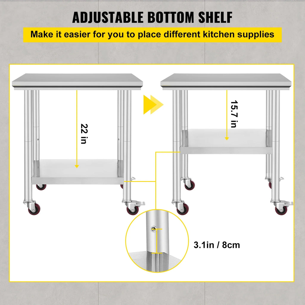 KFFKFF Stainless Steel Work Table with Wheels 24 x 30 Prep Table with casters Heavy Duty Work Table for Commercial Kitchen Restaurant Business (24 x 30 x 32 inch)