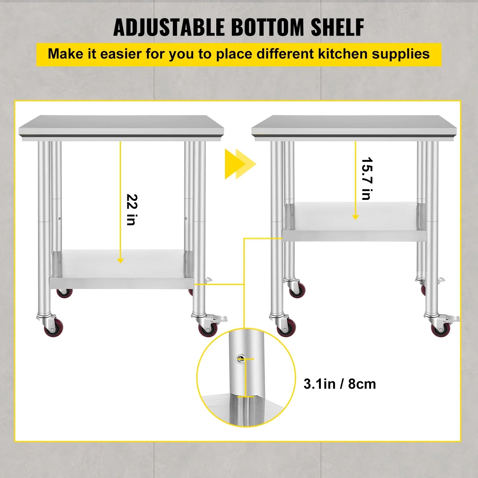 KFFKFF Stainless Steel Work Table with Wheels 24 x 30 Prep Table with casters Heavy Duty Work Table for Commercial Kitchen Restaurant Business (24 x 30 x 32 inch)